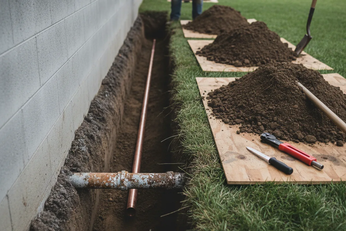 Excavated water line trench during Sewer Line Repair in Rentiesville